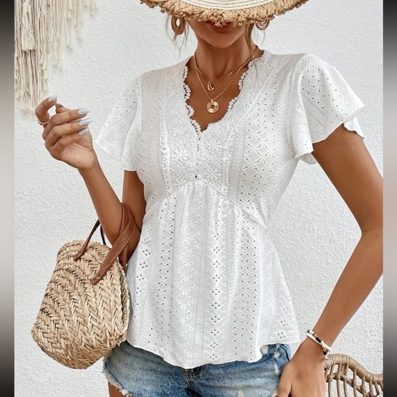 Boho White Eyelet Embroidery Mesh Lace Peplum Top Blouse Shirt - Picture 7 of 7